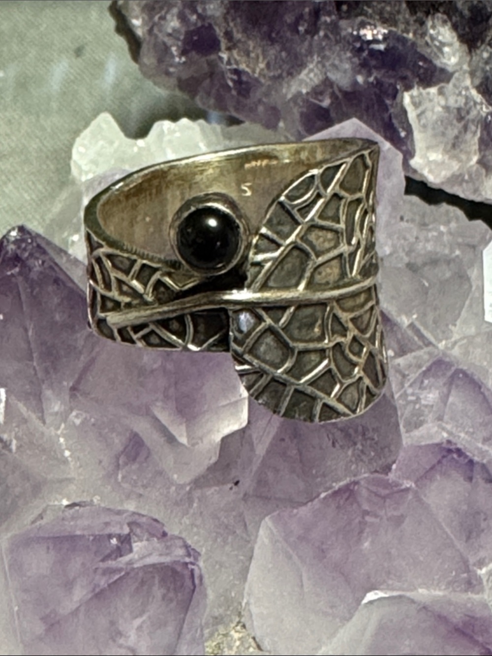 Black and Silver& copper -Tone Obsidian Ring